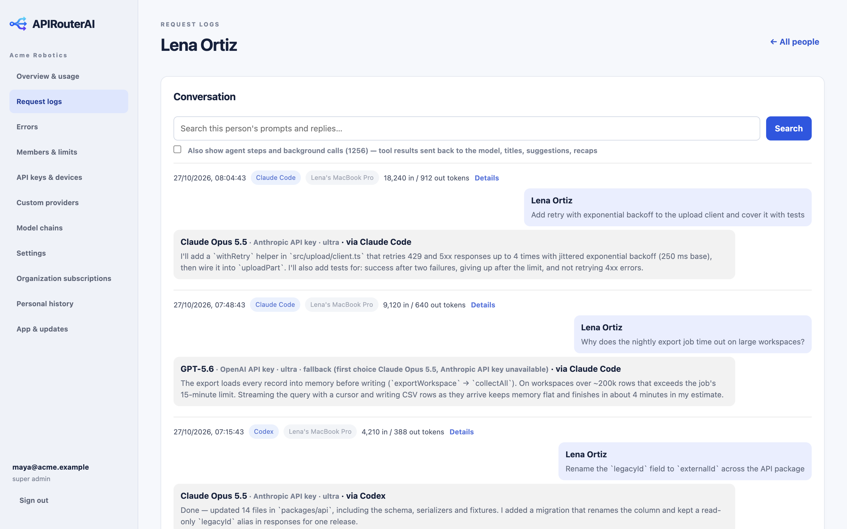 Request logs, by person: what each member typed, the reply, which agent sent it and which model answered.