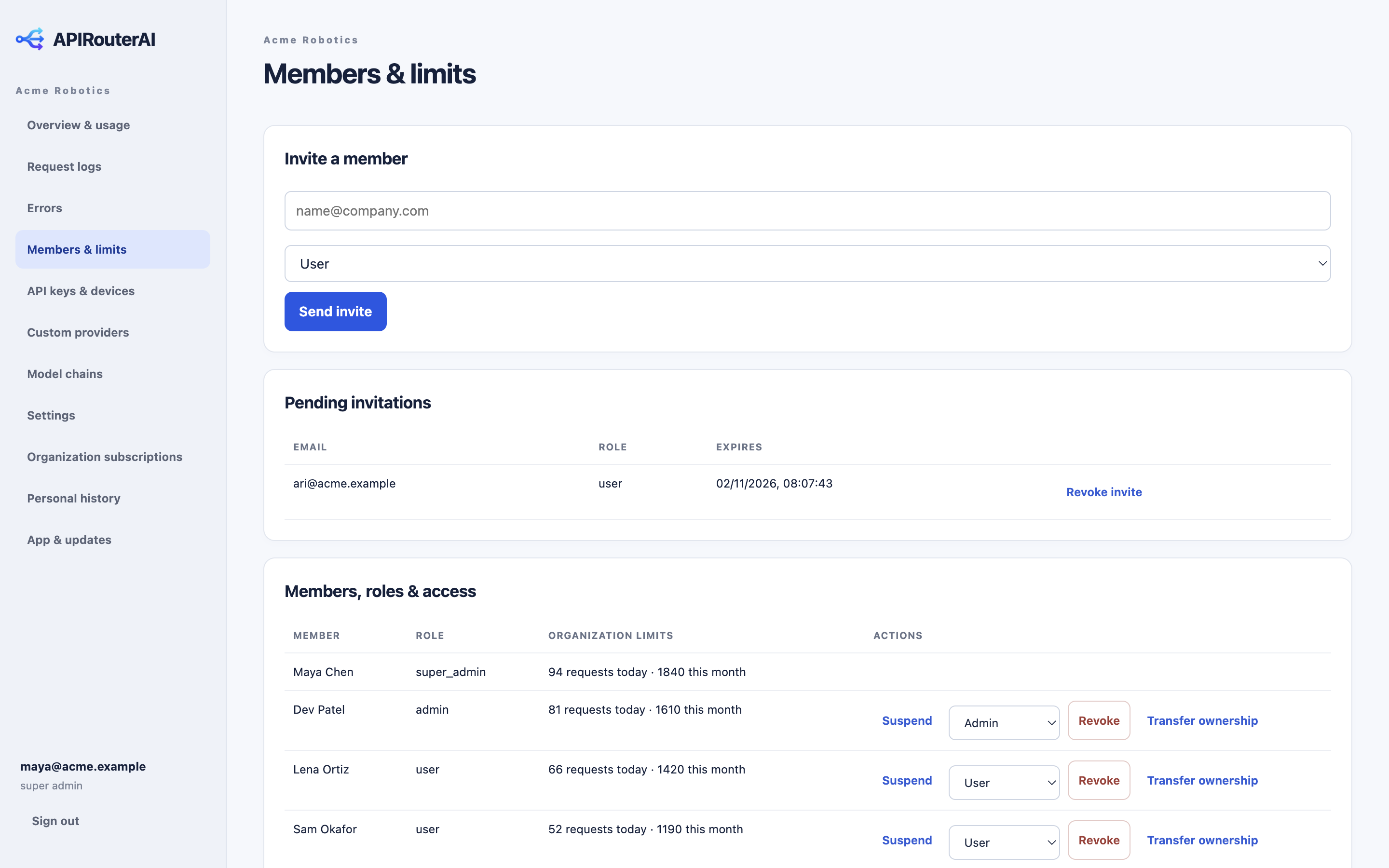 Members and limits: invite people, set roles, suspend or revoke access, and set usage limits.