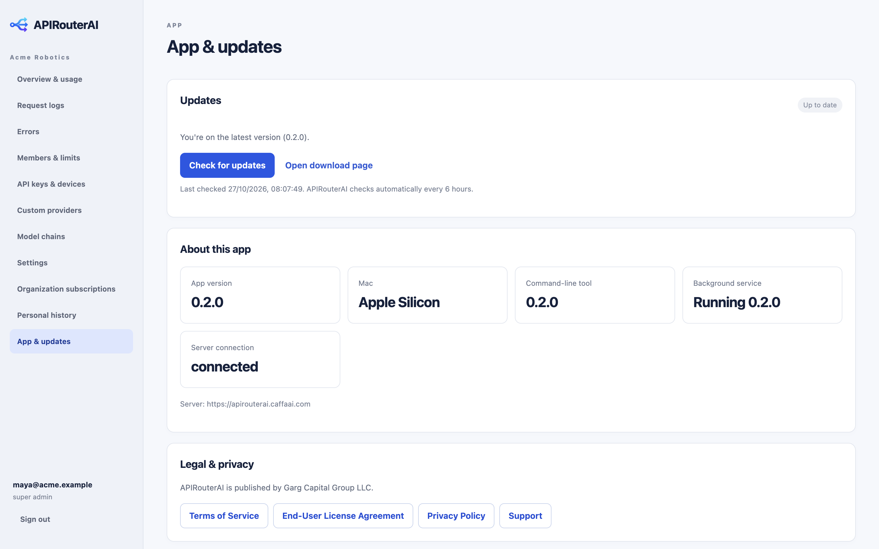 App & updates: version, background-service status and one-click updates.